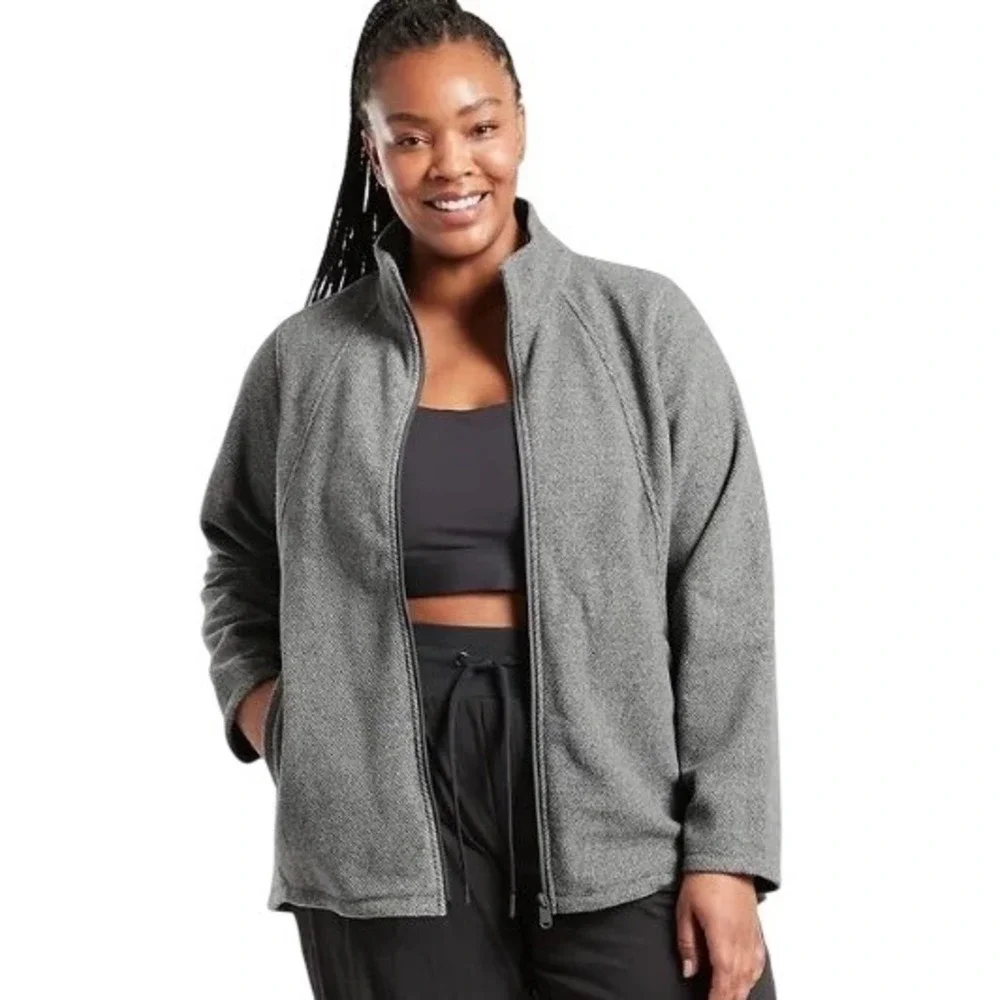 Athleta Stroll Fleece Full Zip‎ Jacket Heathered Grey XL Mock Neck Activewear